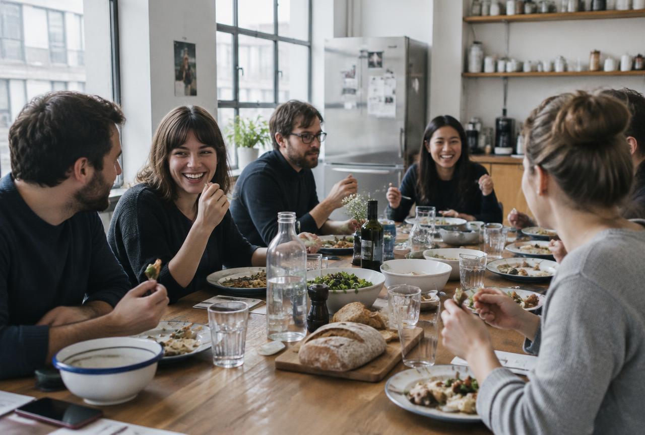Collega's lunchen samen aan de grote tafel